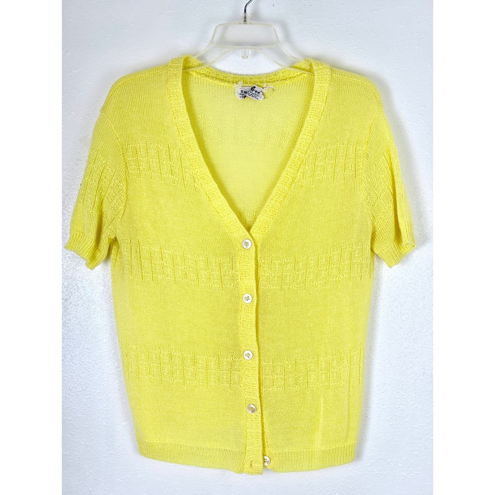 Vintage 60s Sweetree Lemon Yellow Pointelle Short Sleeve Cardigan